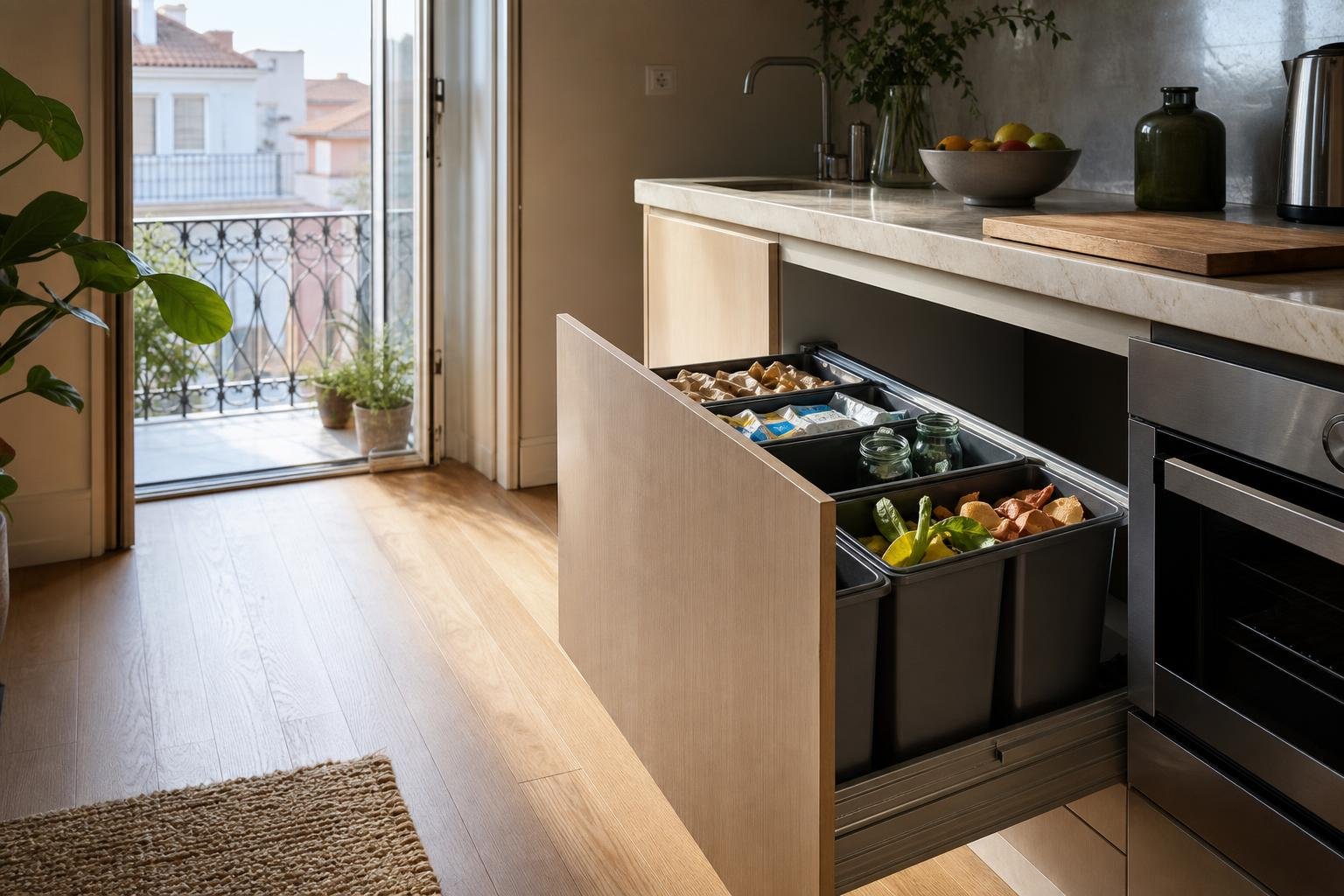 Cozinha de apartamento com gaveta extraível para separação de resíduos e reciclagem.