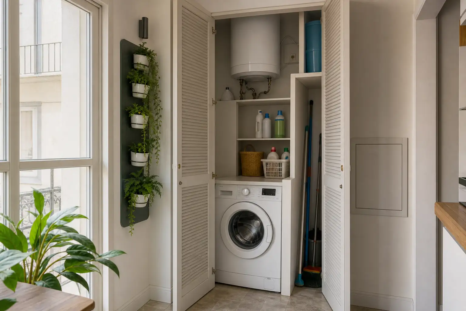 Zona técnica e de lavandaria compacta com portas ventiladas e acessos de manutenção.