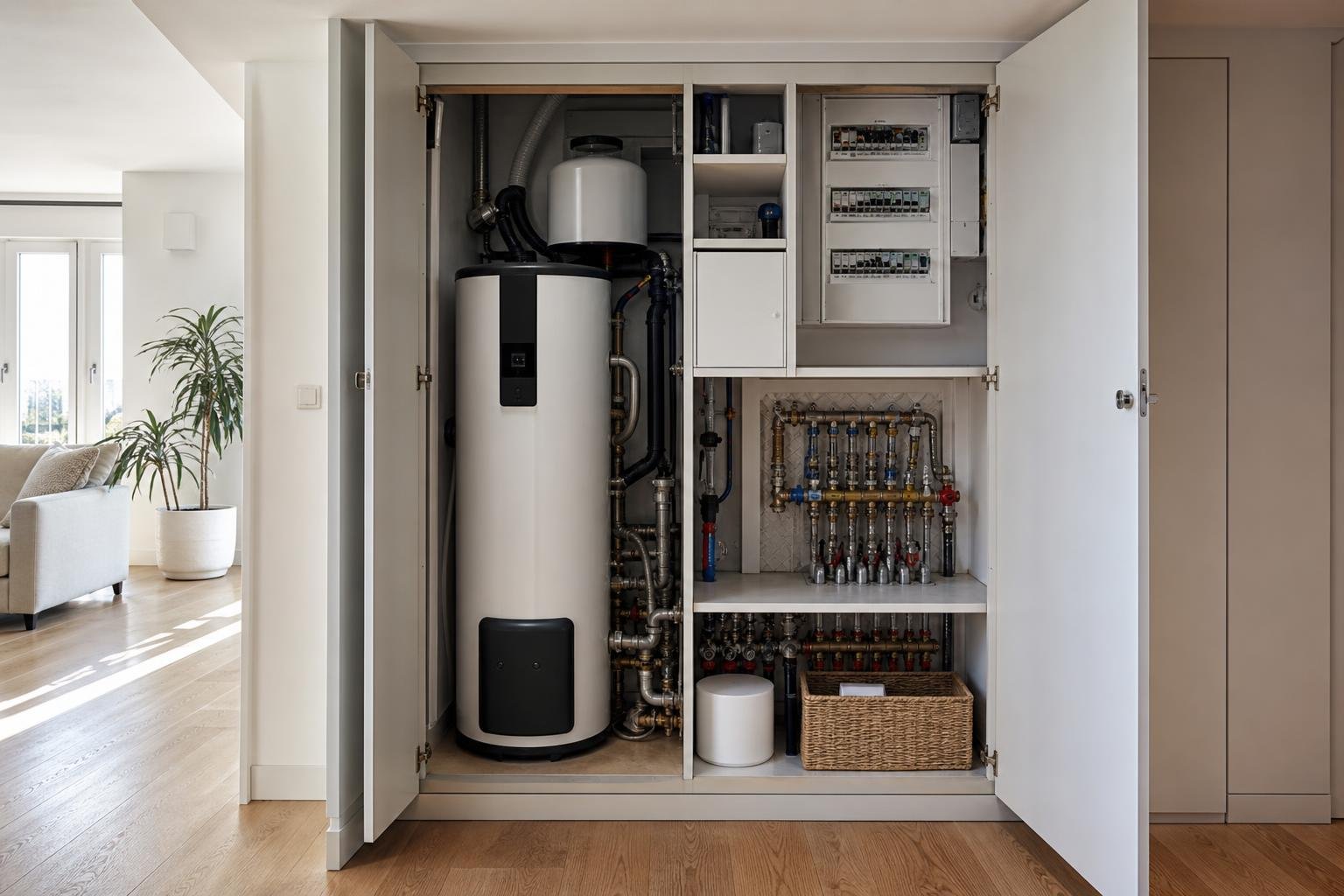 Armário técnico organizado num apartamento, com quadro elétrico, equipamentos de água quente e tubagens acessíveis.