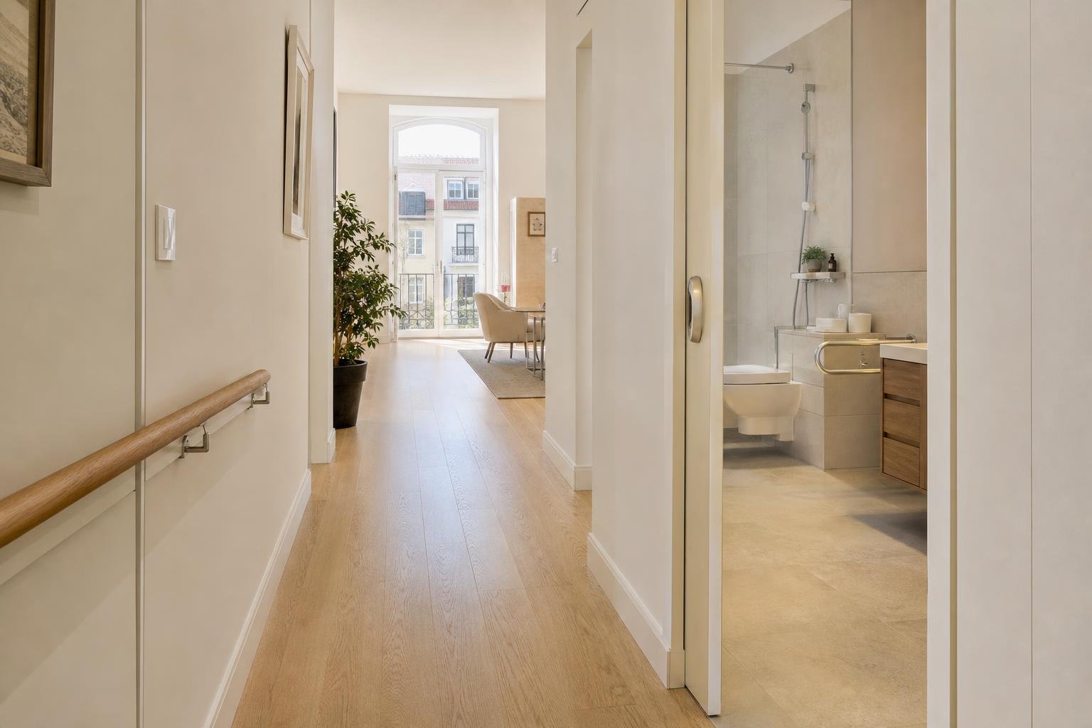Apartamento luminoso em Lisboa adaptado para envelhecer em casa, com circulação sem obstáculos e materiais quentes.