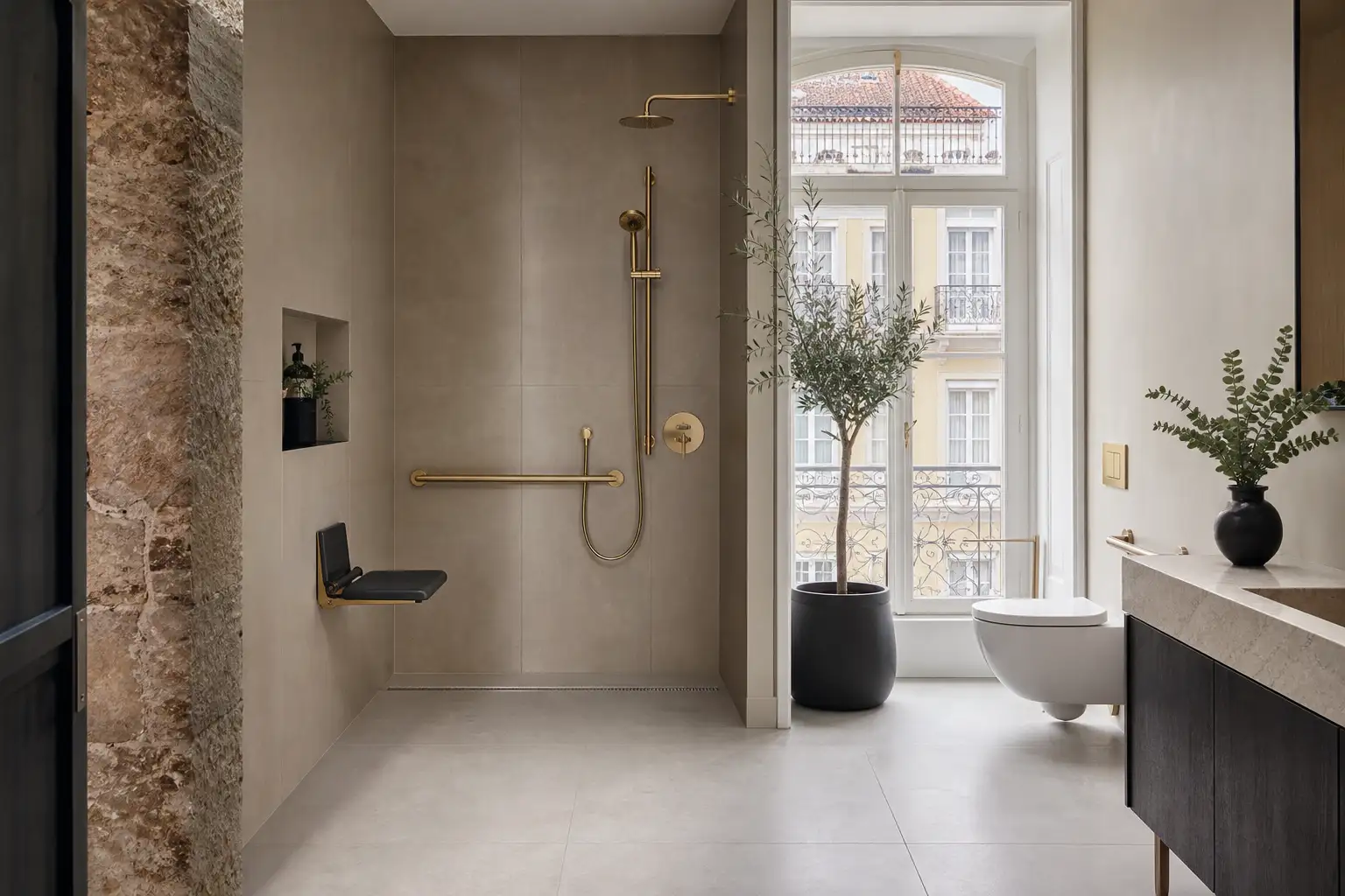 Casa de banho acessível e contemporânea com duche ao nível do pavimento e pavimento antiderrapante.