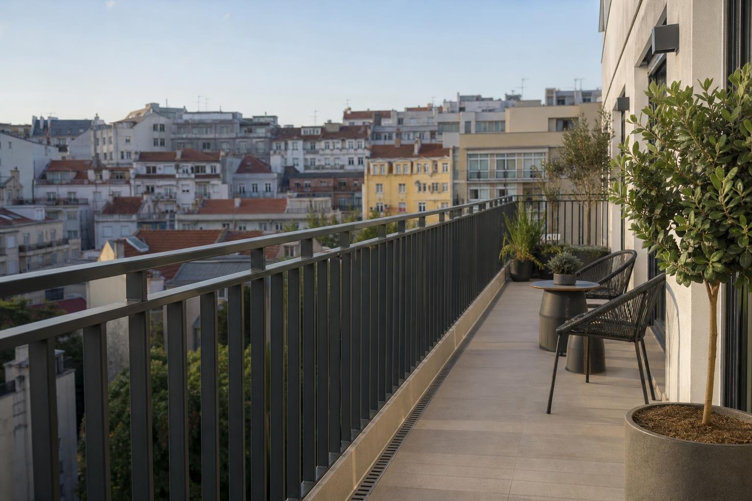 Varanda de apartamento em Lisboa com guarda metálica segura, pavimento antiderrapante e plantas.