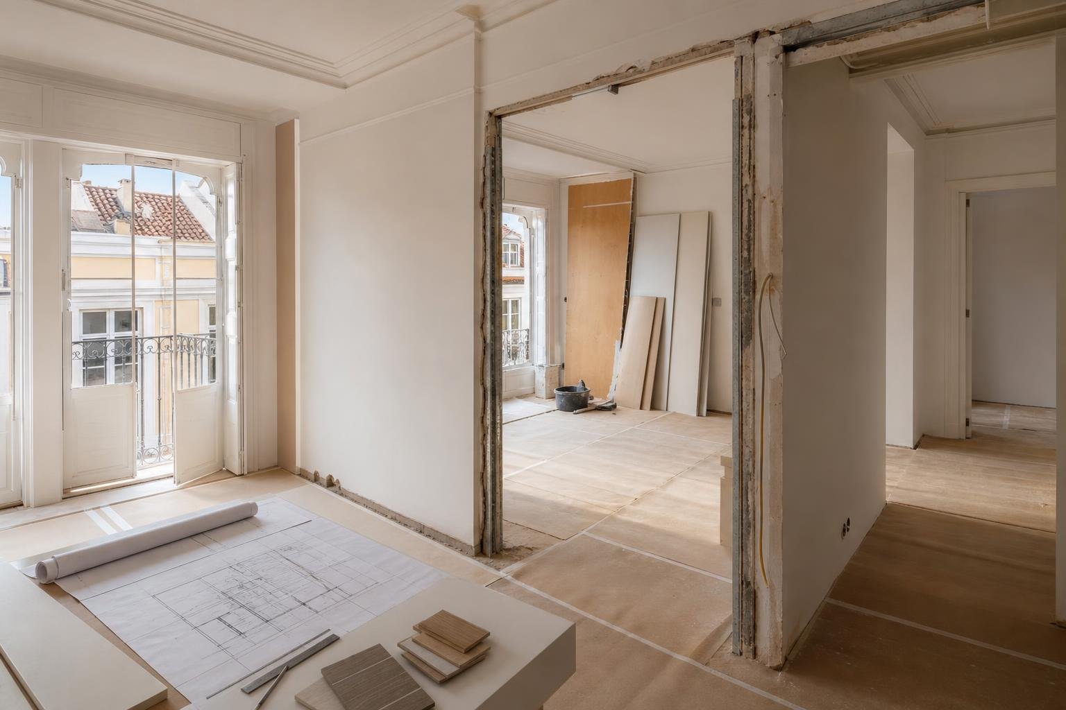 Apartamento em Lisboa em remodelação, com divisória interior parcialmente removida e zona de trabalho protegida.