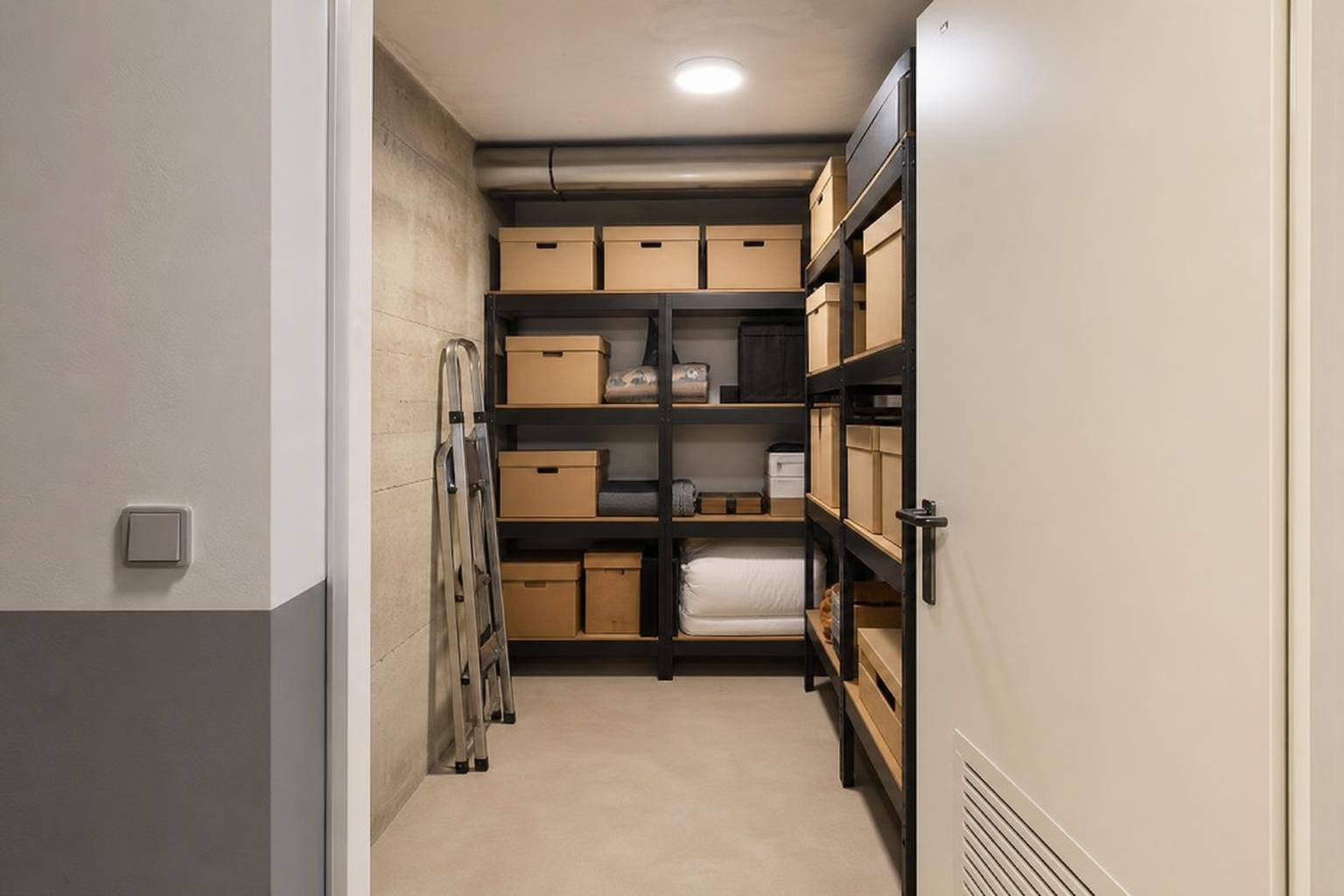 Arrecadação de condomínio organizada e seca, com estantes, ventilação e iluminação de teto.