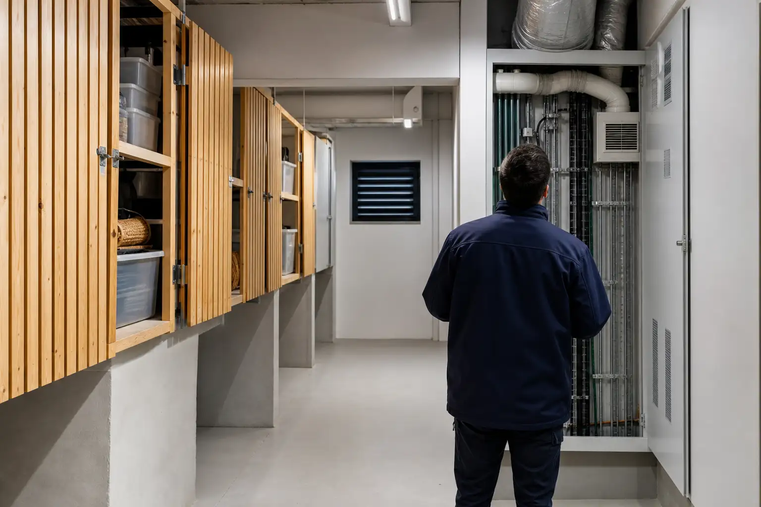 Zona técnica de arrecadações num prédio, com inspeção de ventilação, cablagem e arrumação segura.