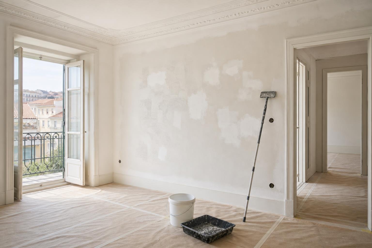Parede interior de apartamento em preparação para pintura, com reparações e proteções no pavimento.