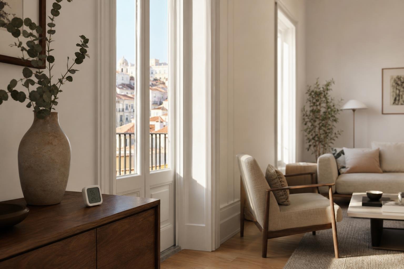 Higrómetro digital numa sala de apartamento luminosa em Lisboa
