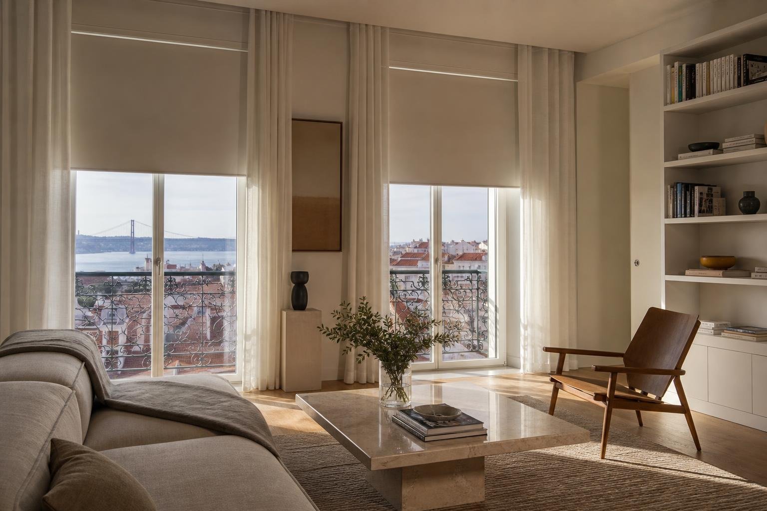 Sala de apartamento em Lisboa com estores interiores de rolo junto a janelas amplas e luz natural suave.