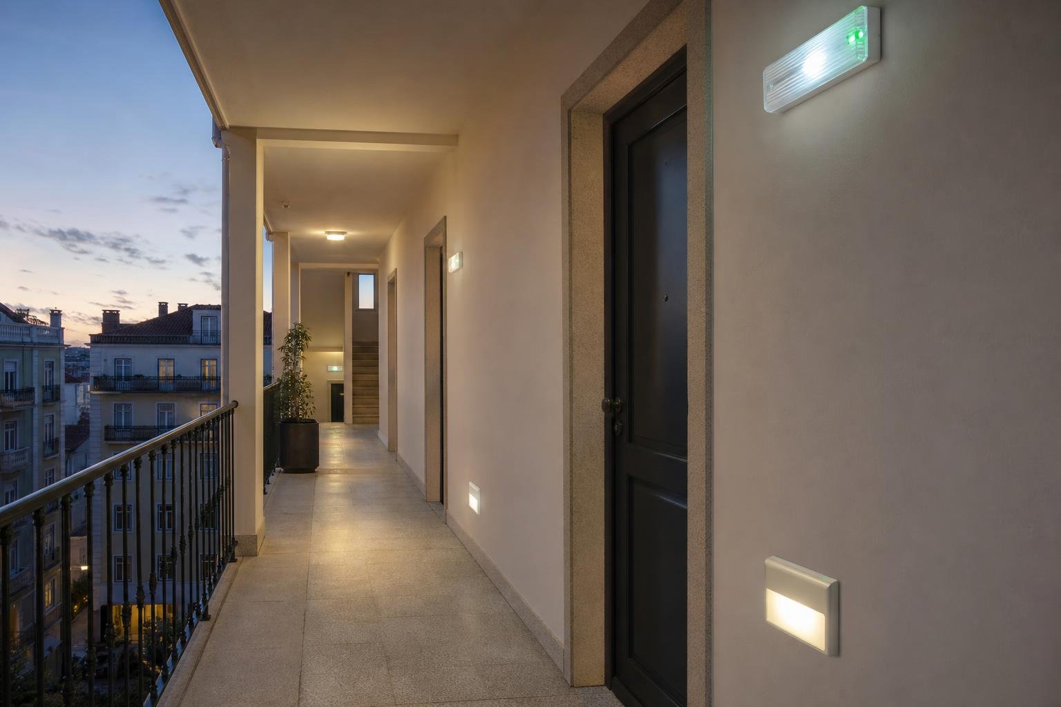 Corredor residencial com luminárias de emergência e percurso de circulação visível.