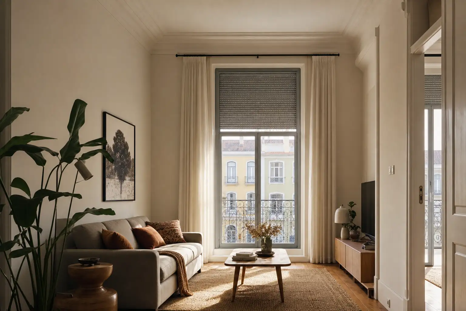 Renovated Lisbon living room with a window and partially lowered external shutter