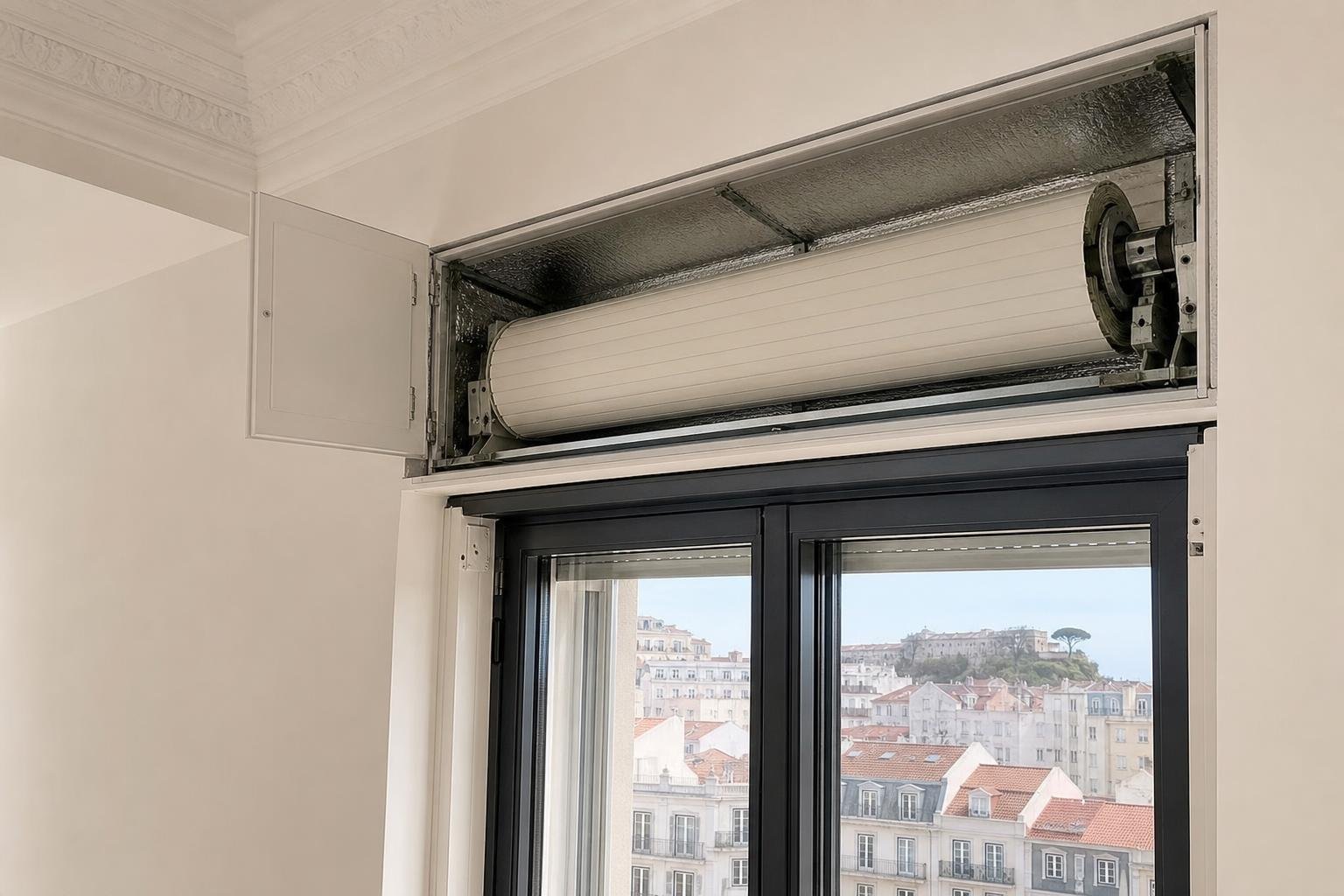 Open roller-shutter box during an apartment renovation, showing insulation and mechanism