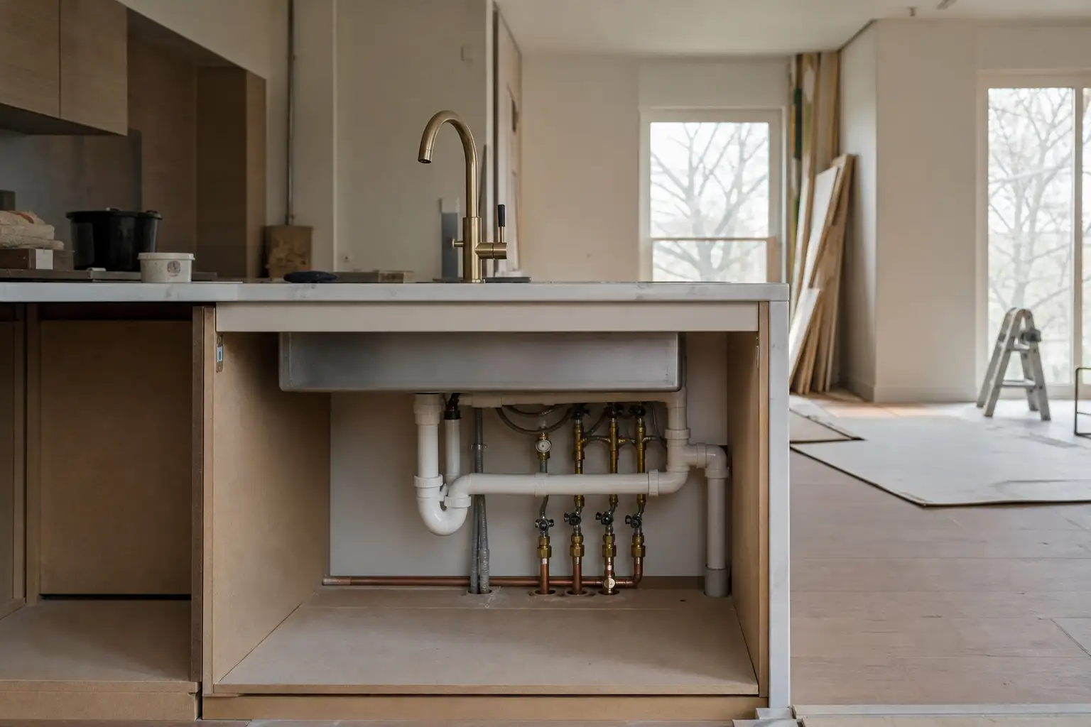 Organised plumbing pipes and shut-off valves below a sink before cabinet installation