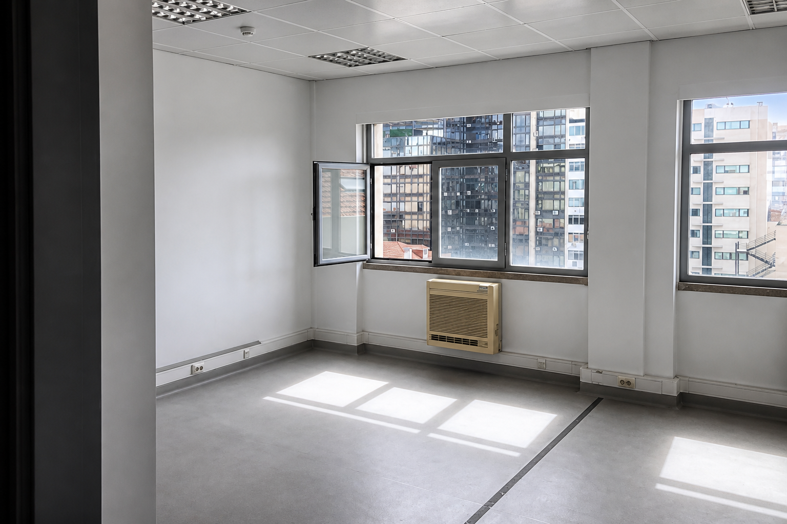 Antes: sala de escritório vazia, com janelas amplas e aparelho de ar condicionado de parede