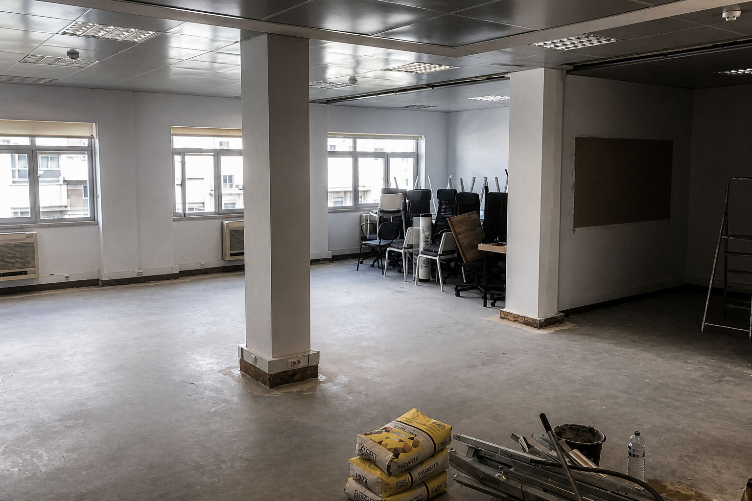 Antes: espaço de trabalho aberto em obra, com coluna central, cadeiras empilhadas e luz natural