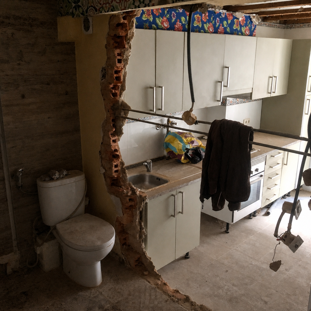 Antes: instalação sanitária e kitchenette antigas, com paredes demolidas e canalizações expostas
