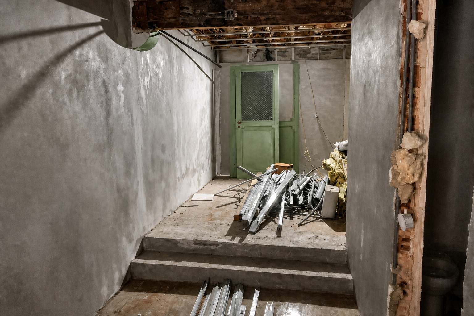 Antes: escada interior com paredes em bruto, porta verde antiga e materiais de obra