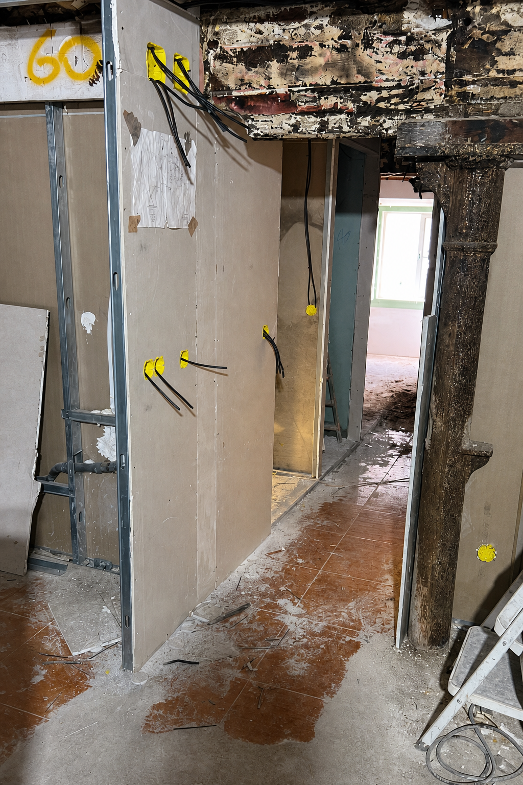 Antes: corredor em obra com paredes descarnadas, pavimento exposto e cabos à vista