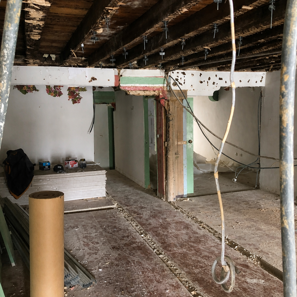 Antes: interior em obra com teto aberto, revestimentos removidos e cabos suspensos