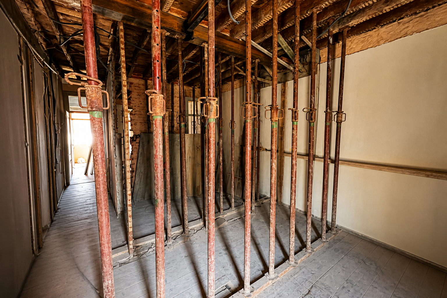 Antes: interior em obra com numerosos escoramentos metálicos e estrutura do teto exposta