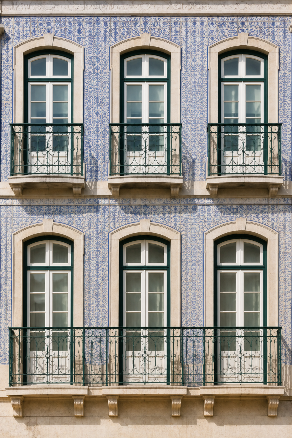 Depois: fachada revestida a azulejo azul e branco, com janelas em arco e varandas de ferro