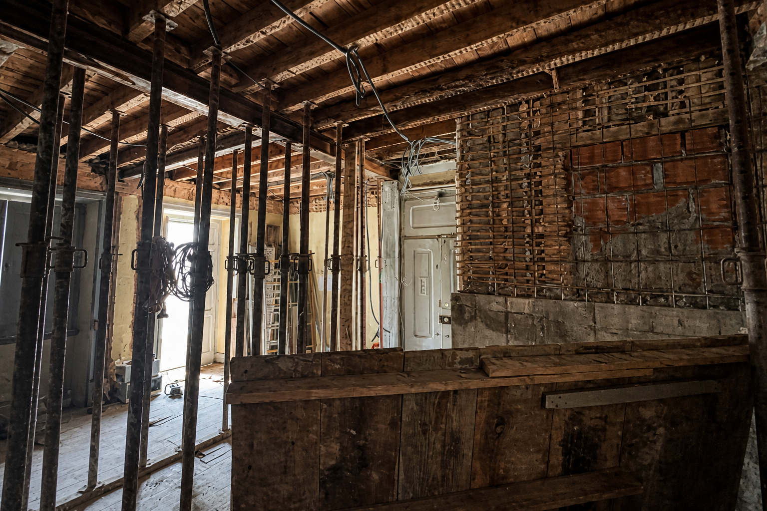 Antes: interior descarnado com escoramentos metálicos, ripado exposto, alvenaria e cabos à vista