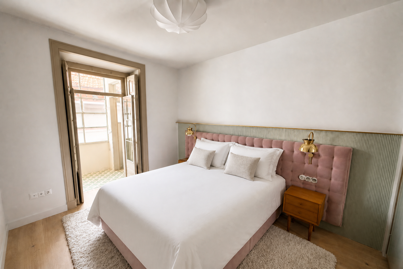 Depois: quarto mobilado com cabeceira rosa, apliques em latão e marquise