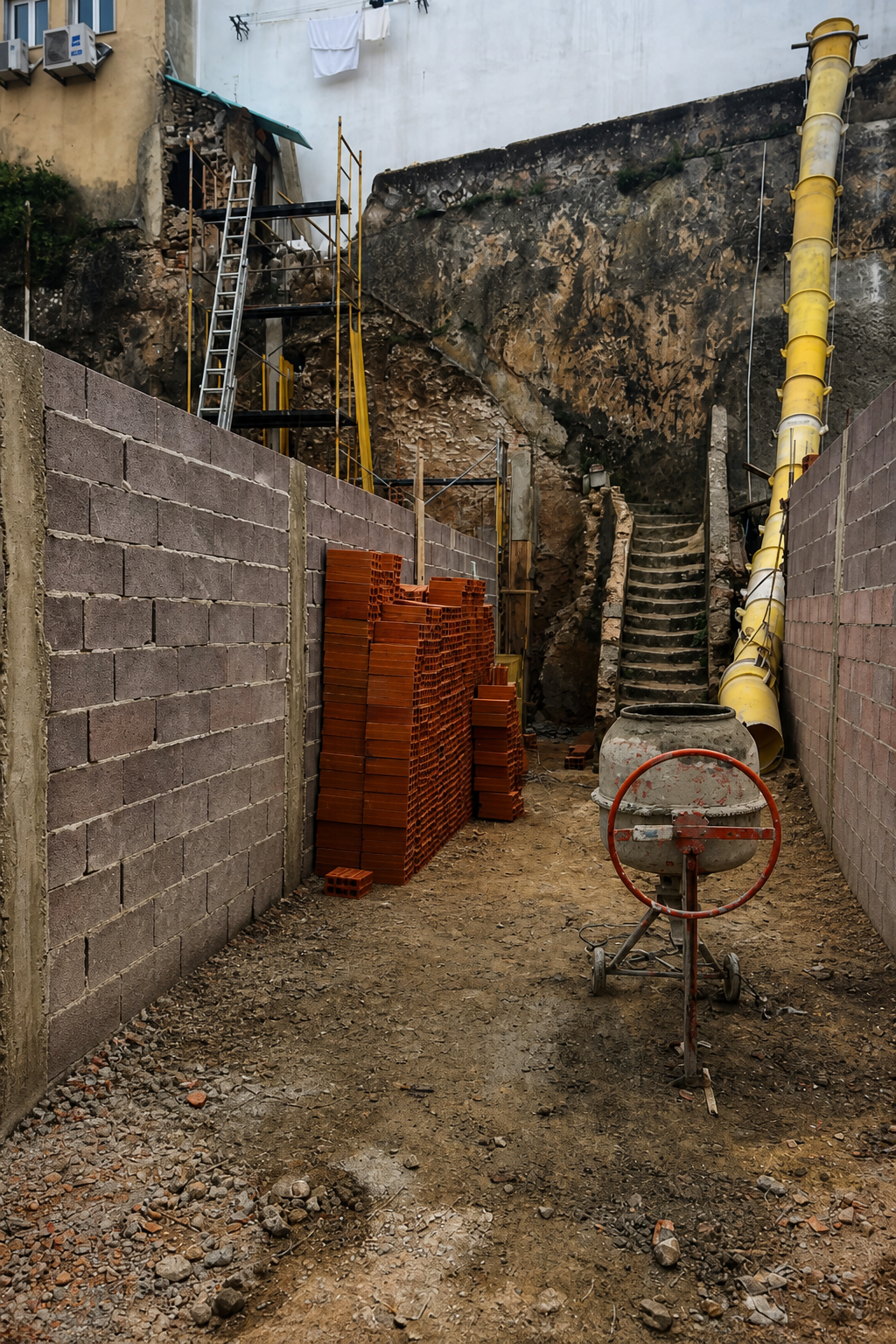 Antes: pátio em obra com muro de blocos, tijolos empilhados e escada junto a uma parede de pedra
