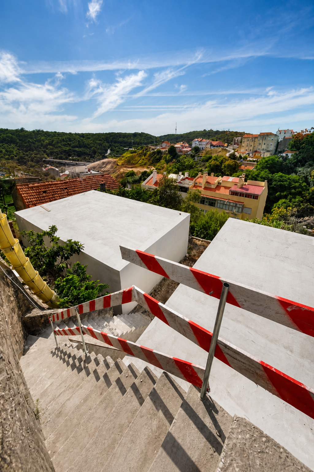 Depois: escada exterior em betão com proteção temporária e vista sobre os telhados