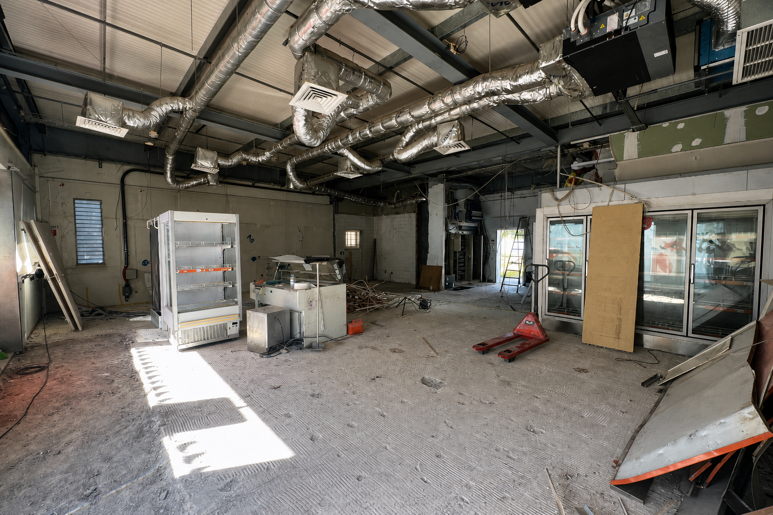 Intervenção Galp Oeiras: área técnica em obra com vitrinas desmontadas, condutas de ventilação e materiais