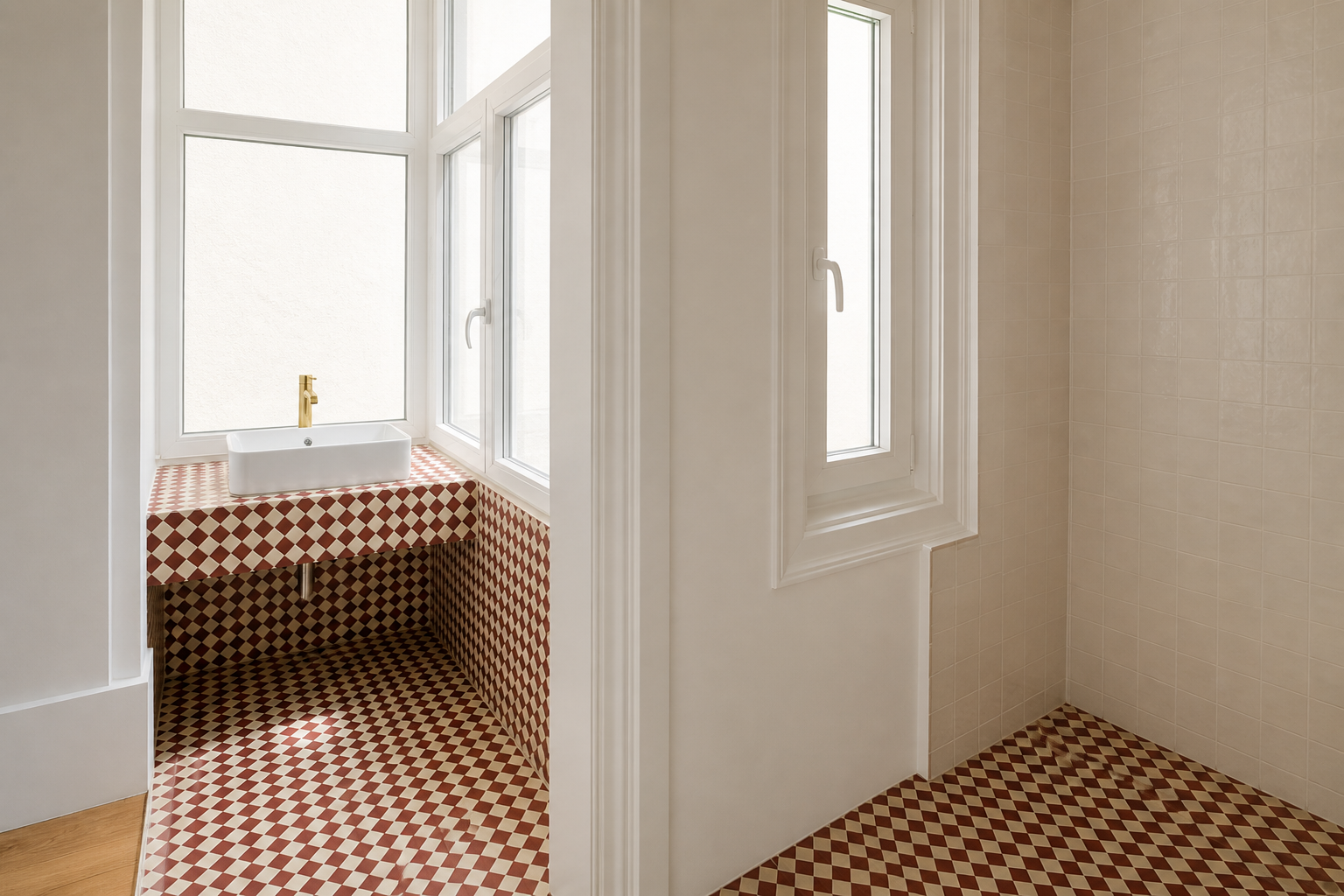 Depois: casa de banho luminosa com lavatório junto à janela e revestimento geométrico vermelho e branco