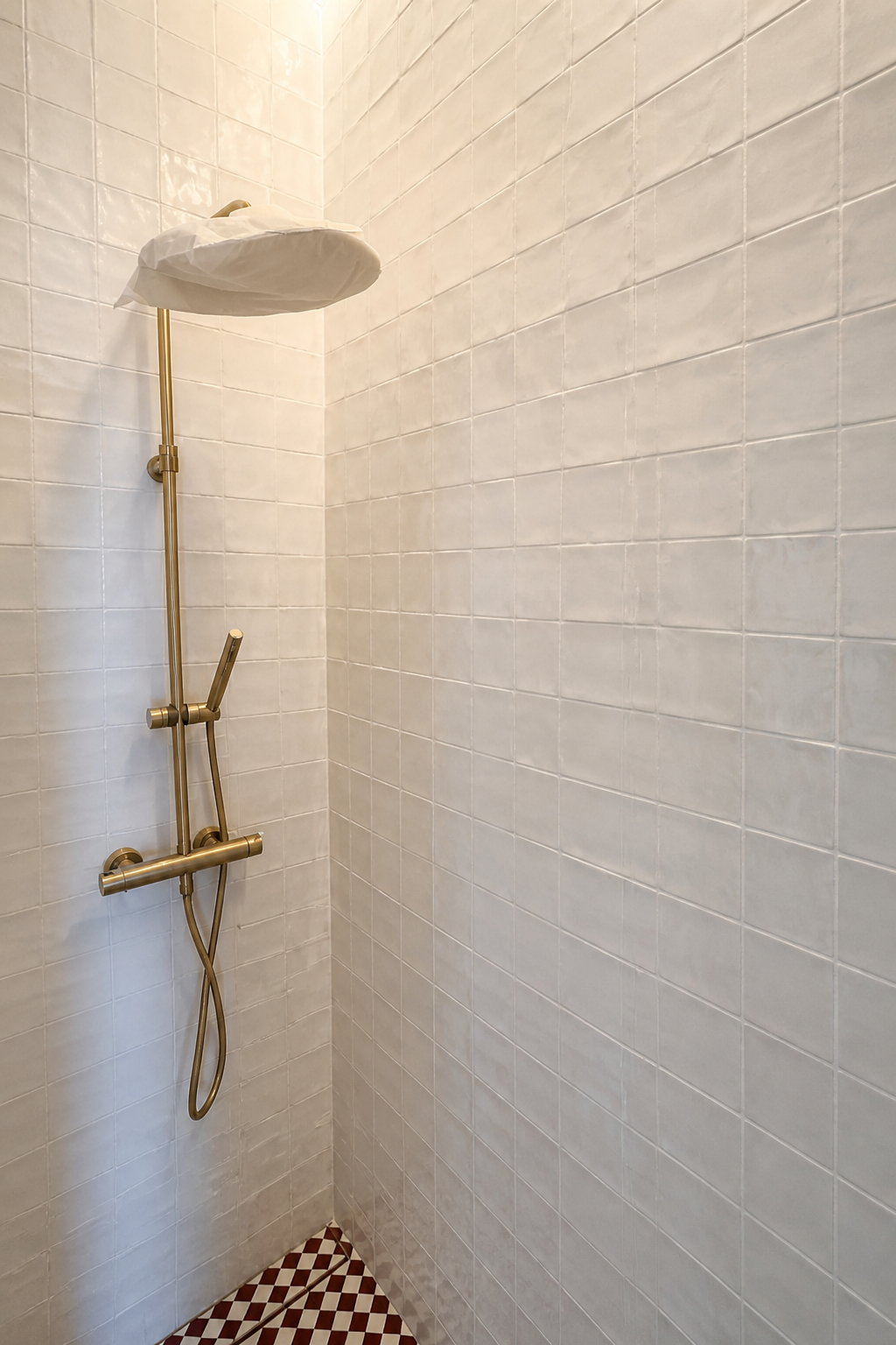Depois: duche com azulejos brancos, pavimento geométrico e misturadora em latão