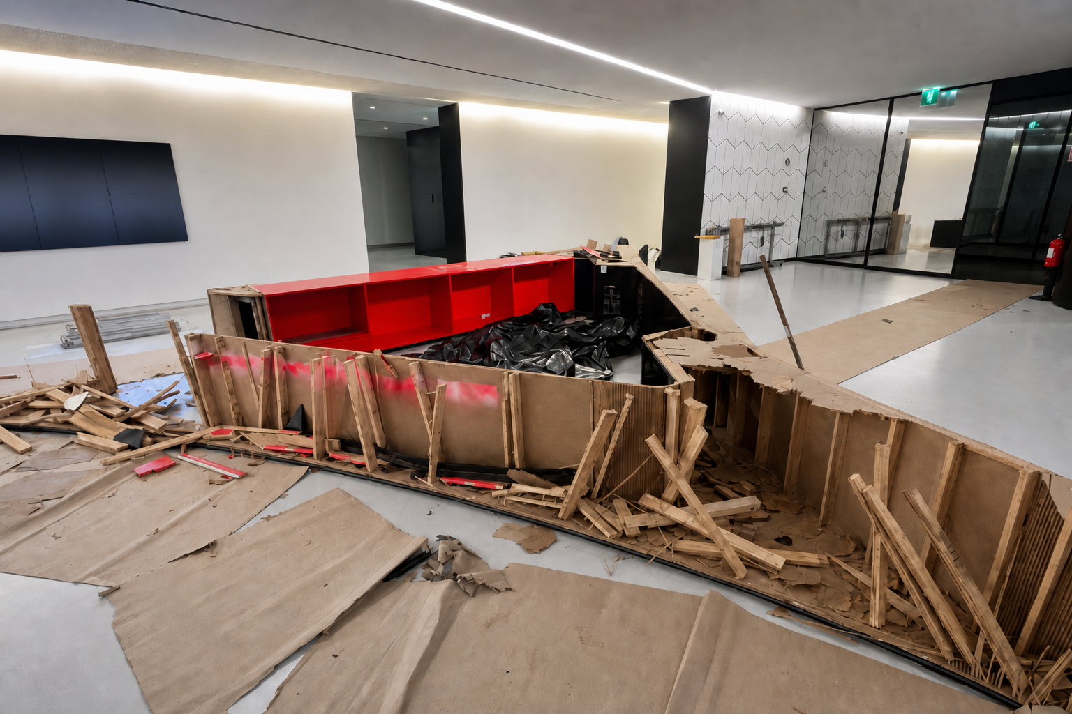 Intervenção no Museu MAAT: desmontagem de balcão vermelho e preto, com estrutura de madeira e materiais removidos