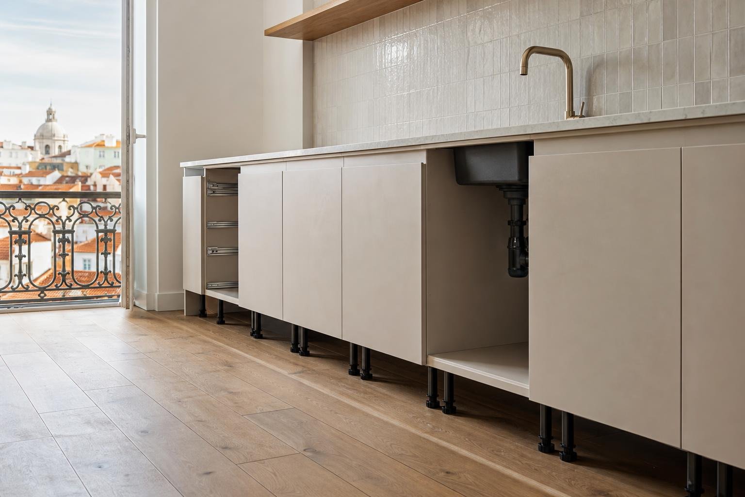 Pormenor de rodapé contínuo e móveis de cozinha sobre pés reguláveis numa cozinha contemporânea.