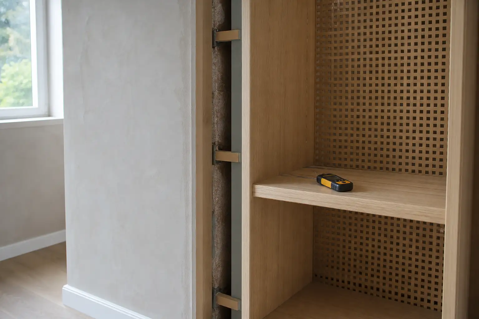 Technical detail of a built-in wardrobe with a ventilation gap beside an external wall.