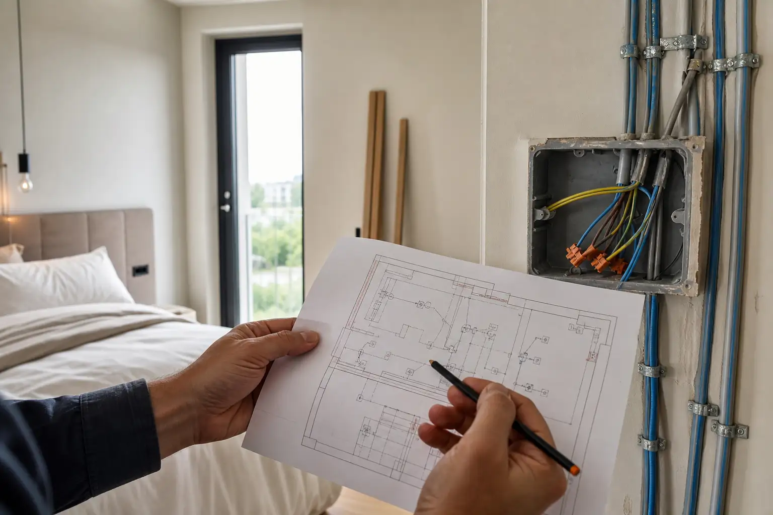 Technical planning of bedroom electrical points during a residential renovation