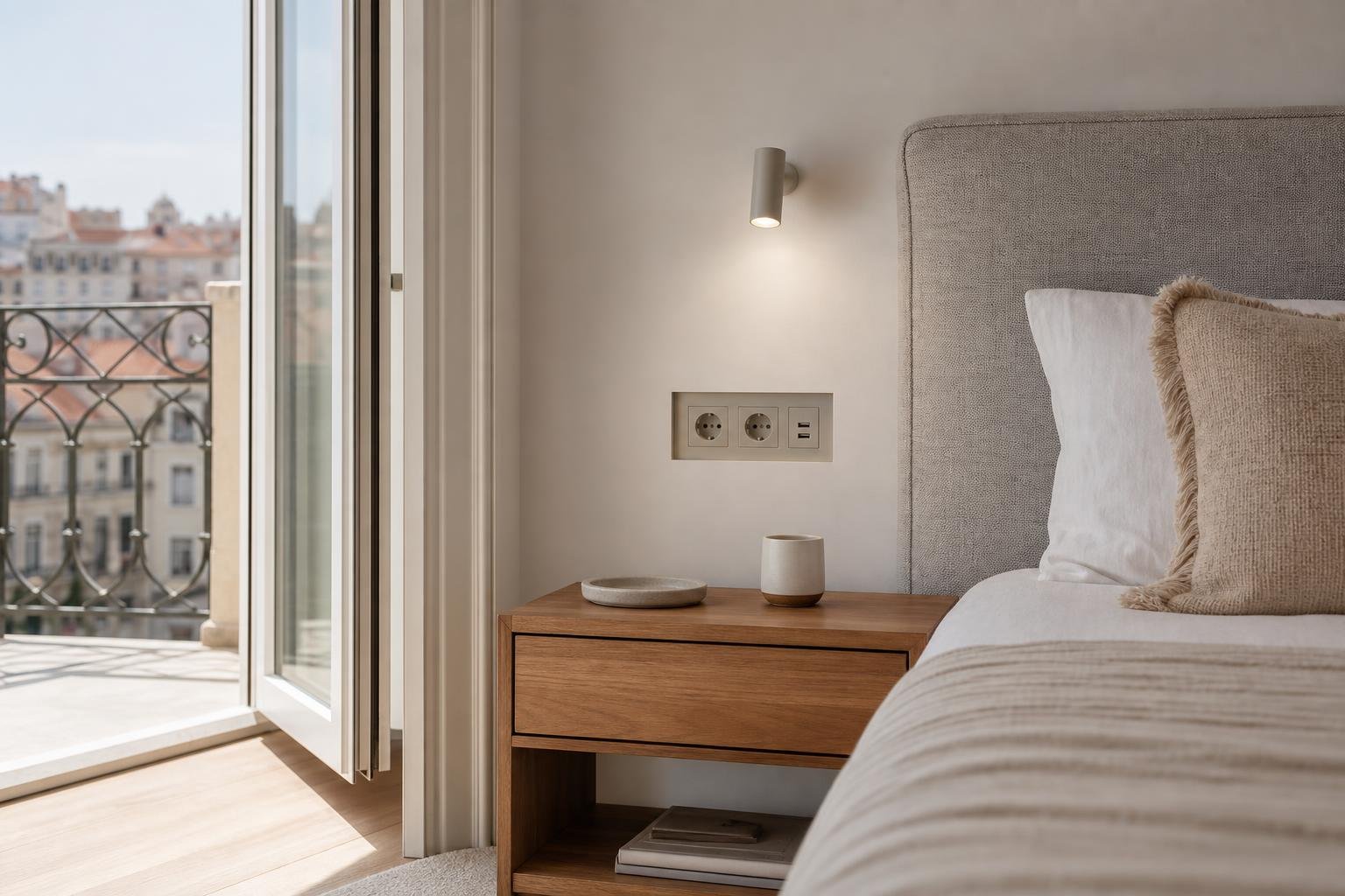 Conventional and USB outlets discreetly fitted beside a bed in a contemporary bedroom