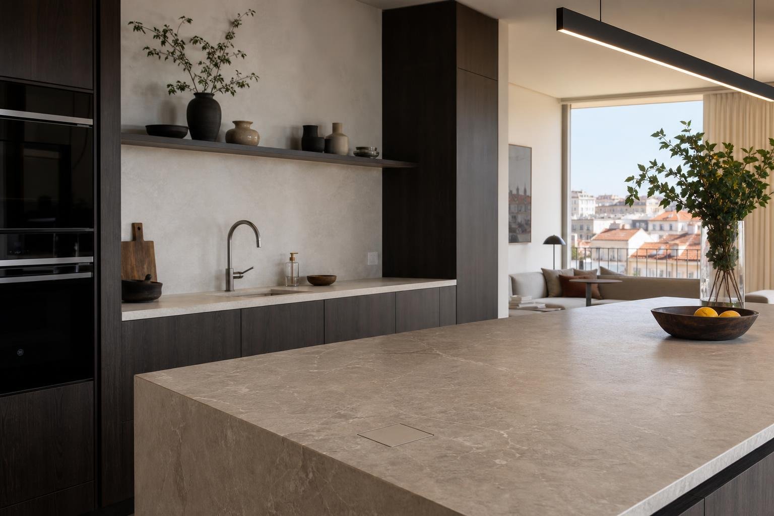 Ilha de cozinha contemporânea com tomada retrátil discreta integrada na bancada