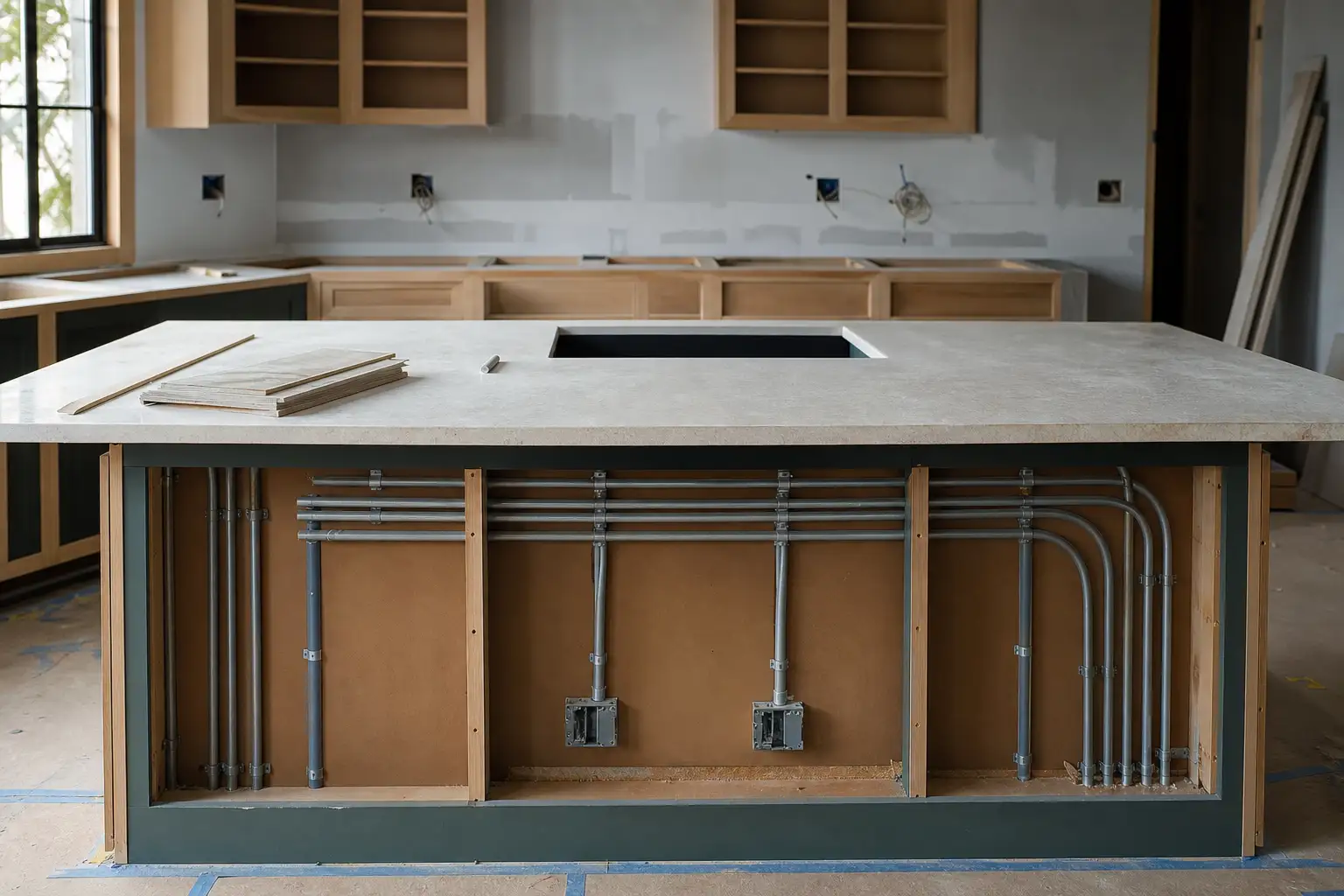 Preparação técnica de uma ilha de cozinha com percursos elétricos antes do fecho do mobiliário