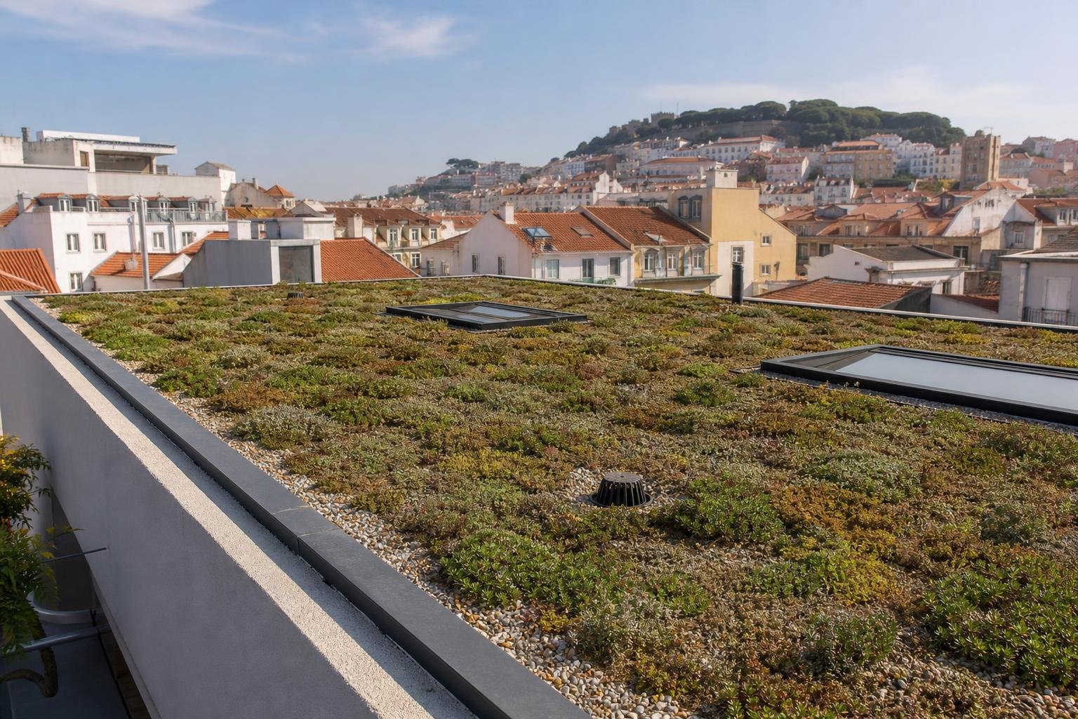 Cobertura verde extensiva num prédio de Lisboa, com vegetação baixa, zonas de grava e vista sobre os telhados da cidade.