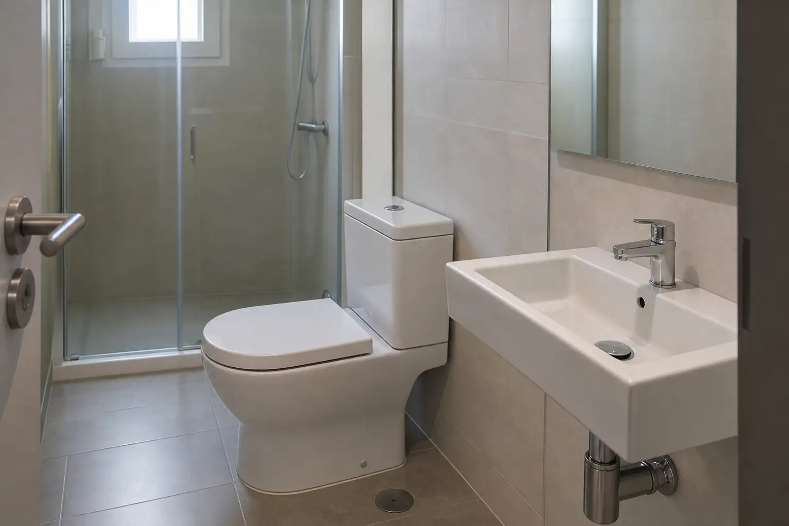 Casa de banho de apartamento com autoclismo de dupla descarga e torneira eficiente.