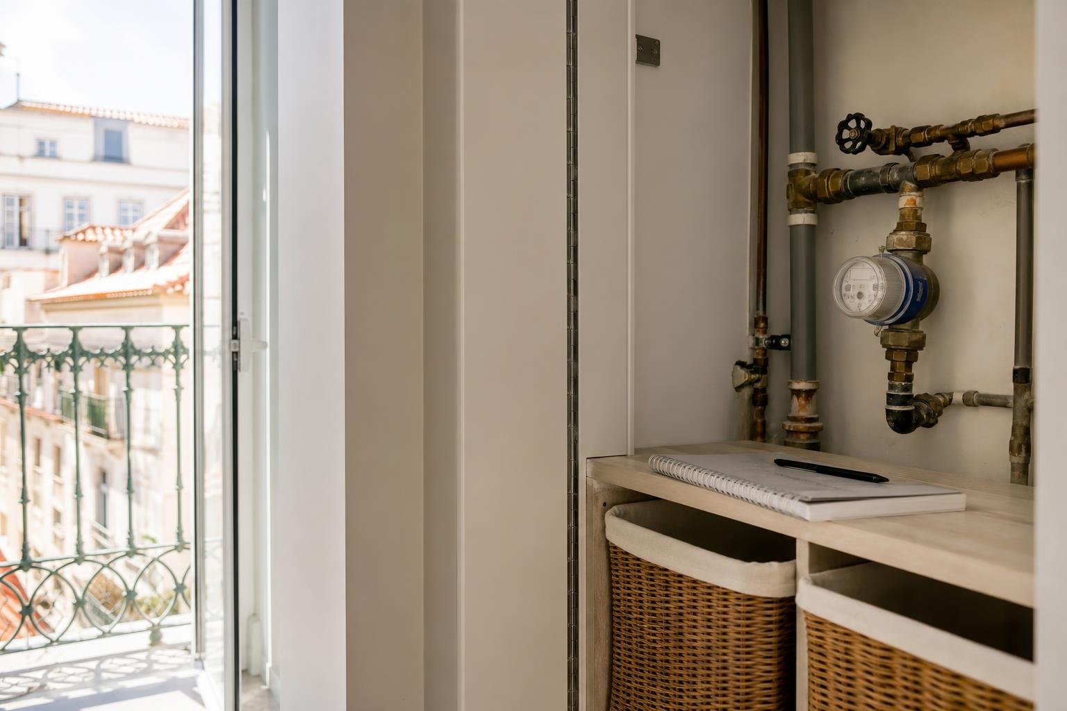 Contador de água e tubagens organizadas numa zona técnica de apartamento em Lisboa.