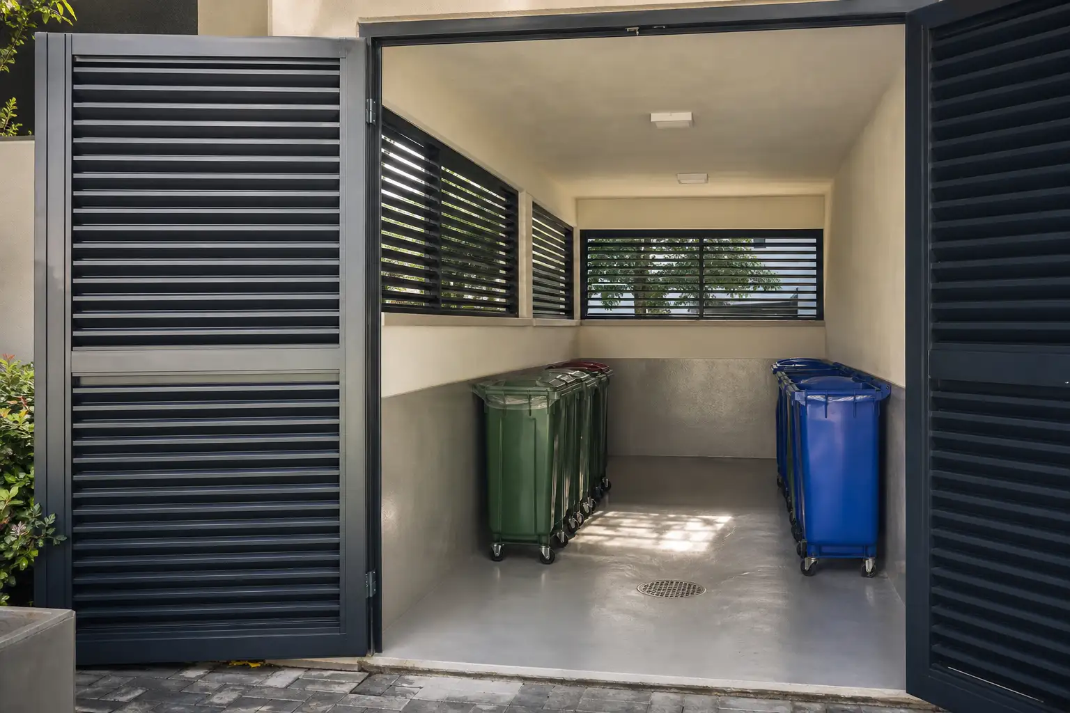 Interior de um abrigo de contentores limpo, com pavimento lavável, ralo e ventilação permanente