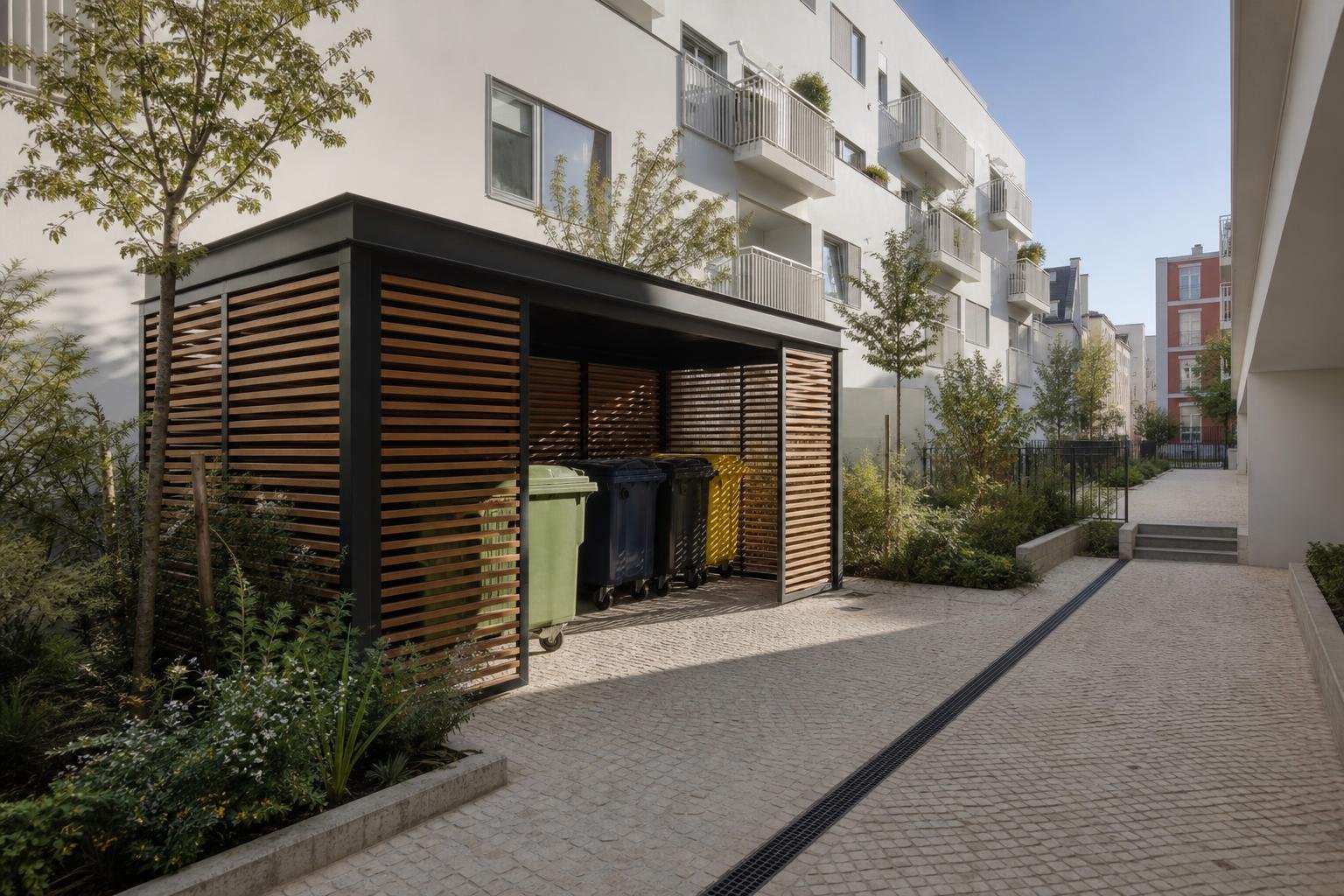 Abrigo ventilado para contentores numa zona comum de um edifício residencial em Lisboa