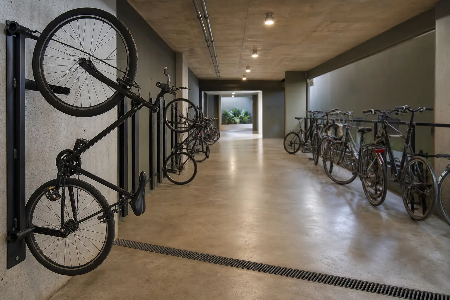 Zona de parqueamento de bicicletas numa cave de condomínio, com fixações robustas, ventilação e pavimento resistente.