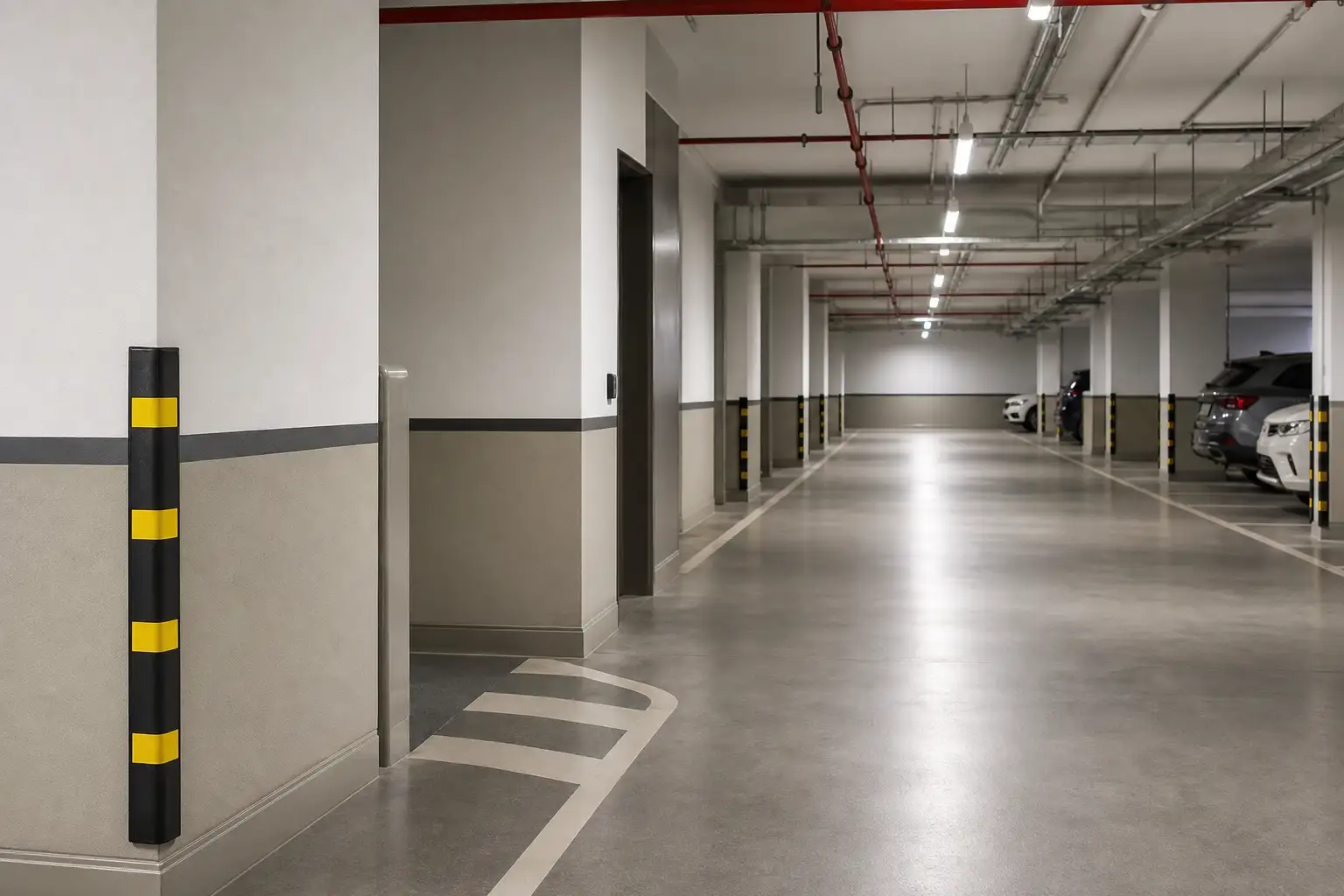 Corredor de garagem de condomínio com proteção de cantos e paredes resistentes a impactos