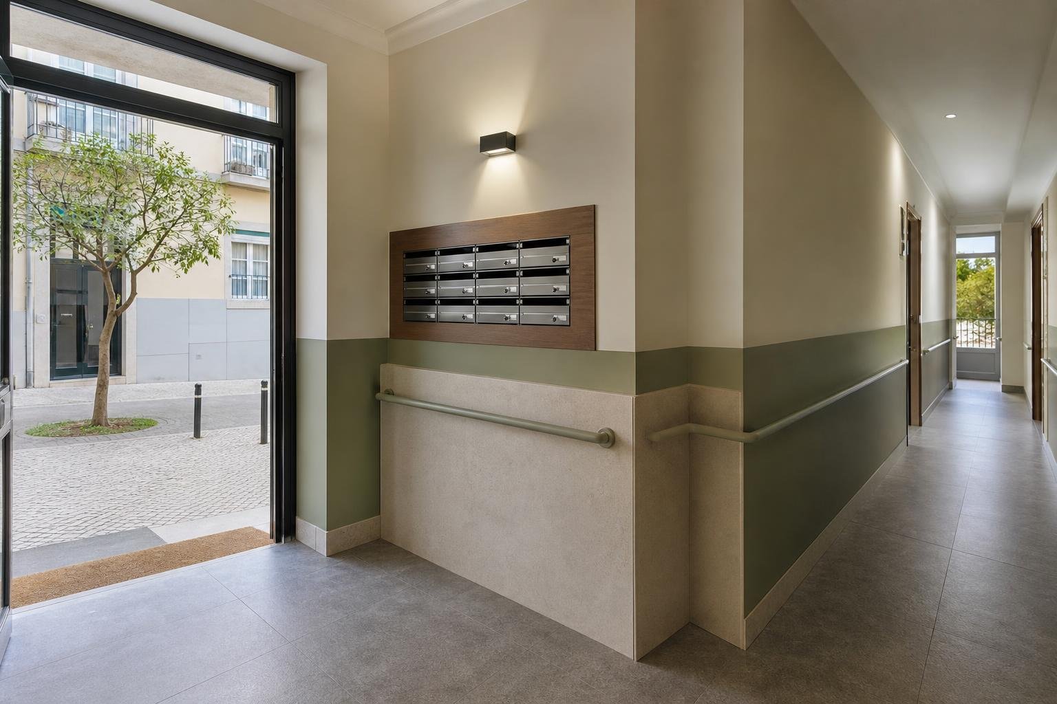 Entrada luminosa de prédio residencial em Lisboa com paredes protegidas por revestimentos duráveis