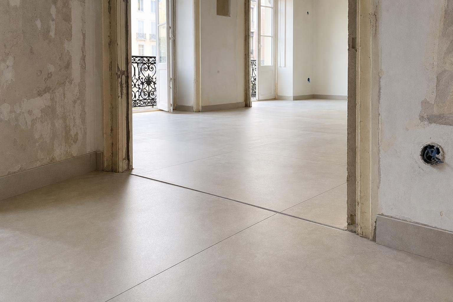 Junta de movimento discreta num pavimento cerâmico novo durante uma remodelação de apartamento em Lisboa