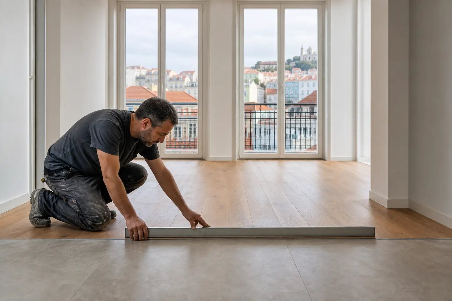 Verificação do nivelamento de um pavimento interior e de uma transição entre revestimentos numa remodelação