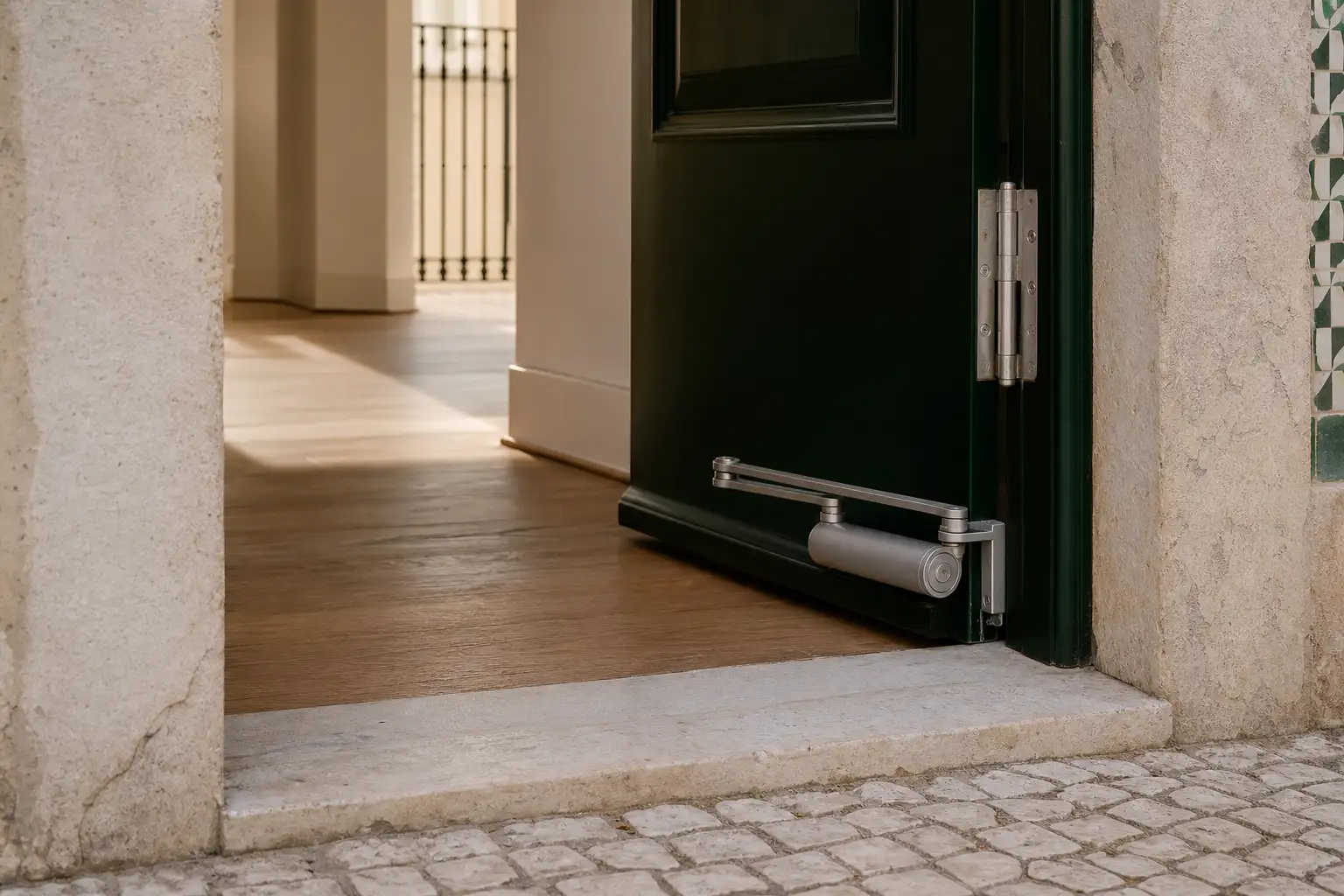 Pormenor de ferragem e amortecedor numa porta residencial, com zona de passagem livre.