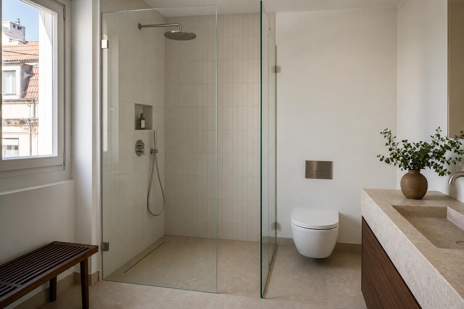 Cabina de duche em vidro numa casa de banho contemporânea com juntas e drenagem cuidadosamente executadas.